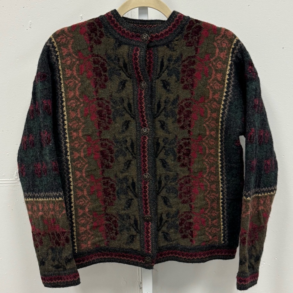 Vintage Cherry Lewis England Wool Jacquard Heritage Cardigan Sweater Olive Med